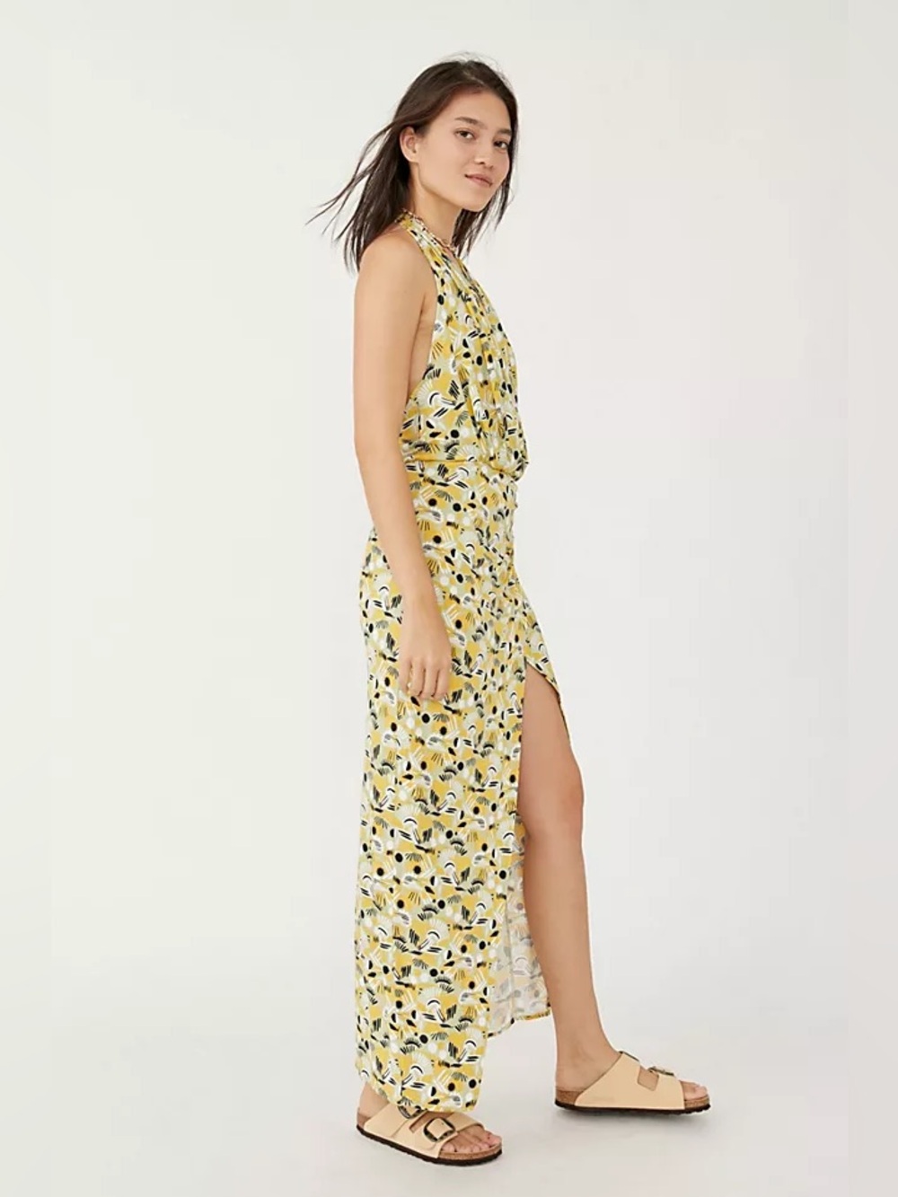 Free People Yellow Floral Halter Maxi Dress with Side Slit